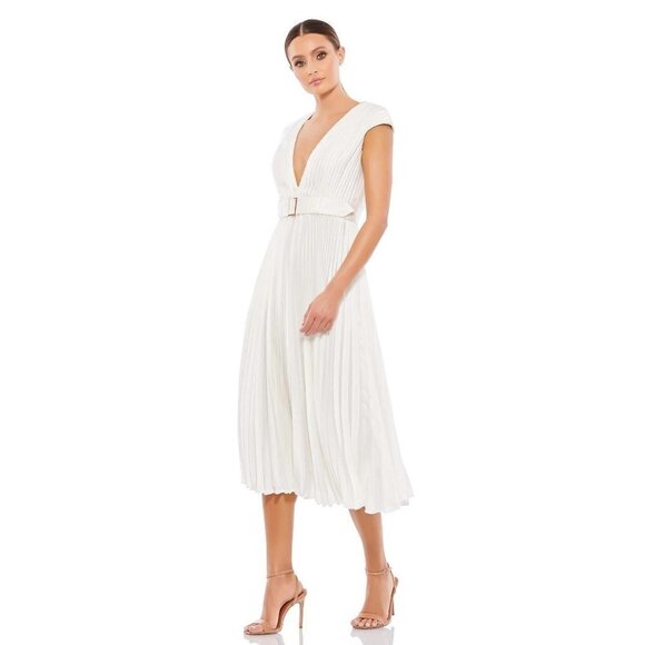 Ieena for Mac Duggal Pleated Cap Sleeve Belted A-Line Midi Dress in White - Picture 1 of 9